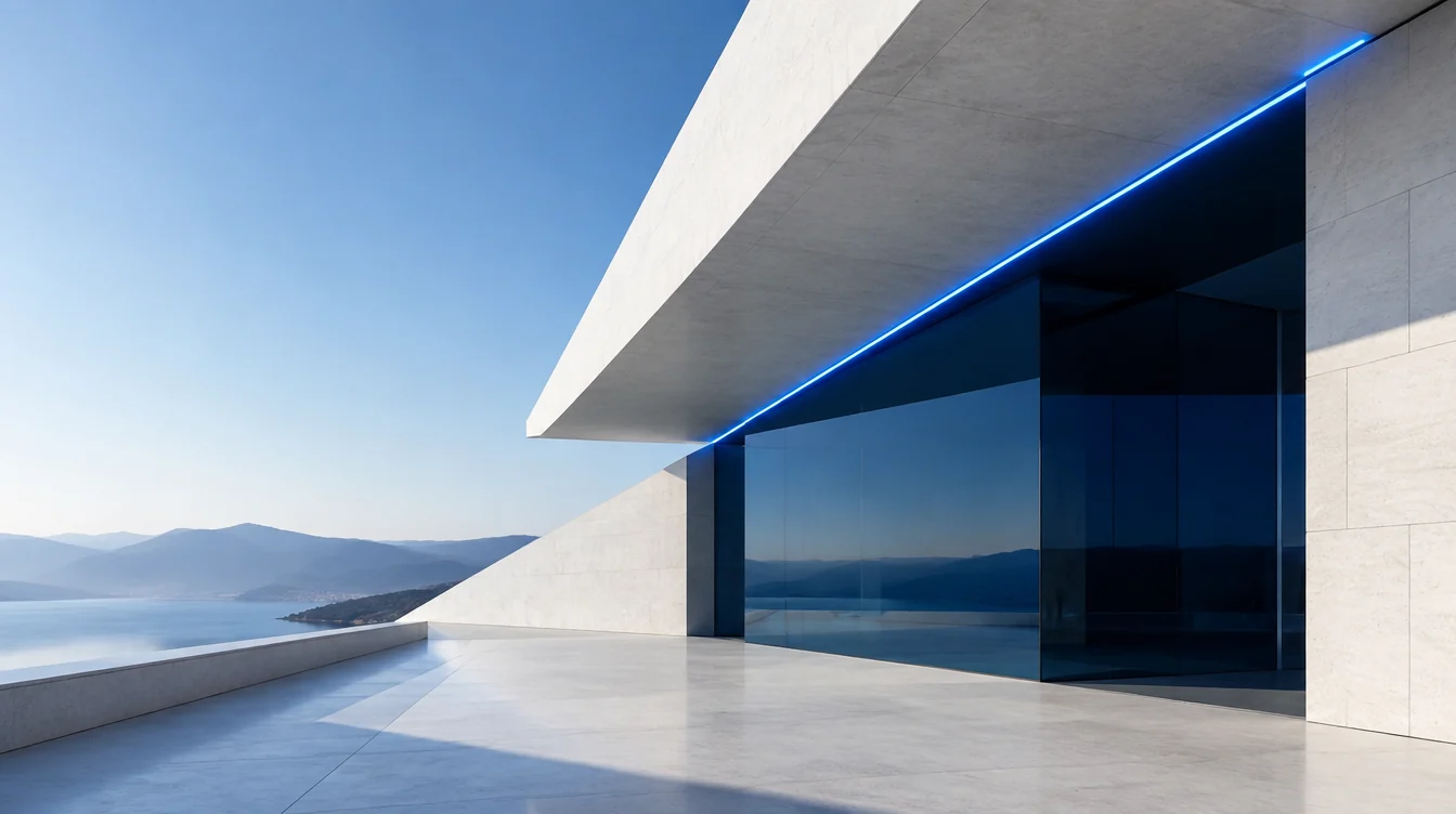 Moderne architectuur met diepe navy glaspartijen en electric-blue lichtlijn