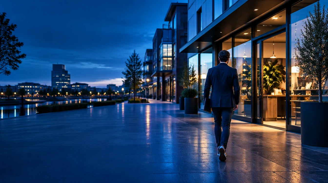 Lokale ondernemer bij moderne winkelpanden in een premium stadsomgeving