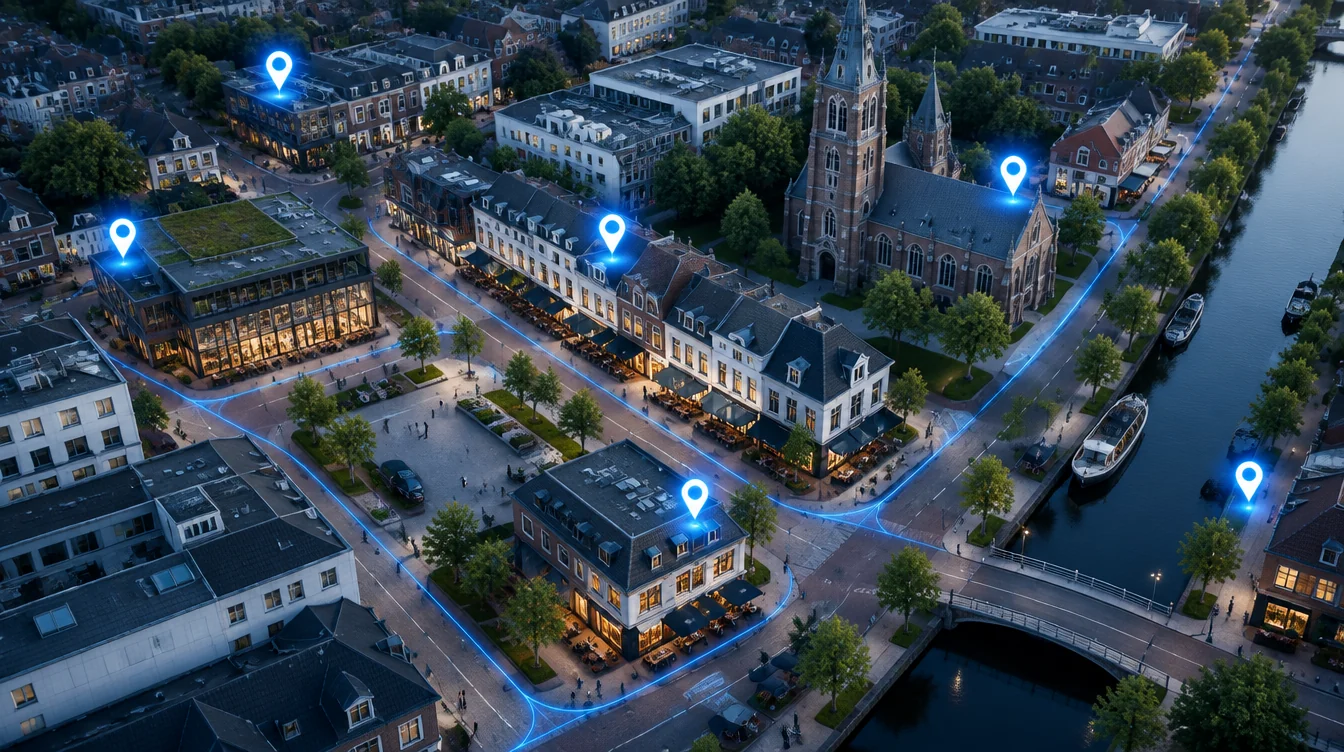 Nederlandse stadsomgeving met lokale zoeklocaties en digitale routes