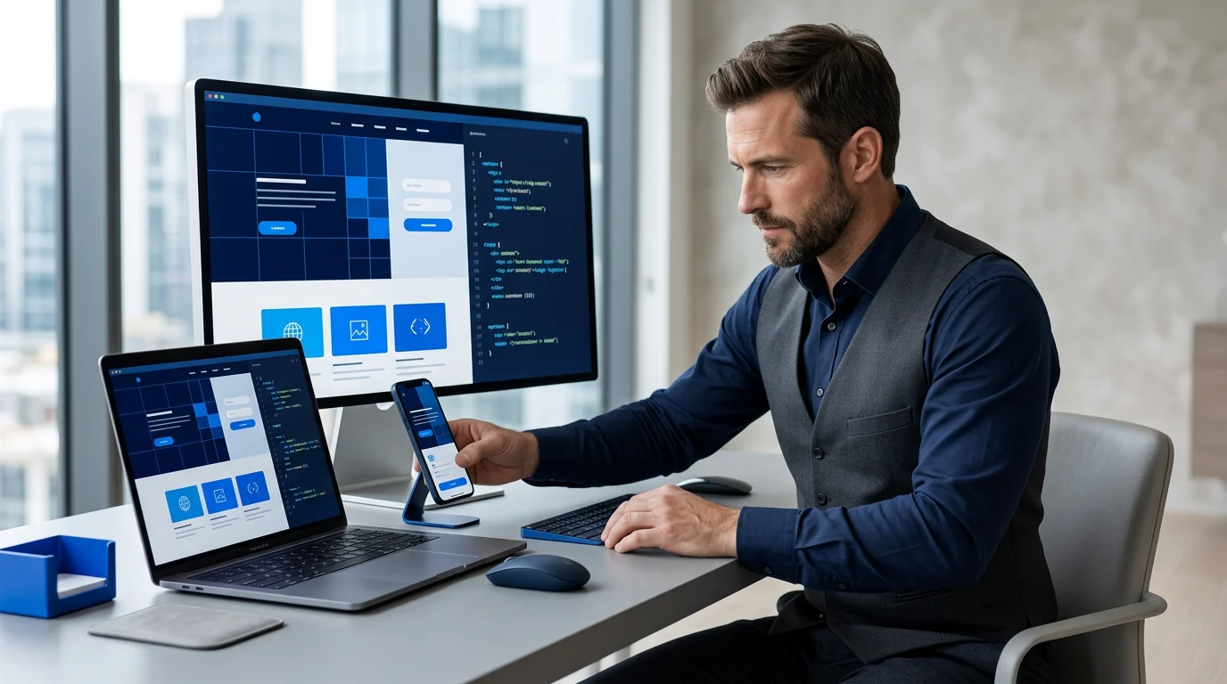 Webdeveloper die een responsive website ontwikkelt op meerdere apparaten